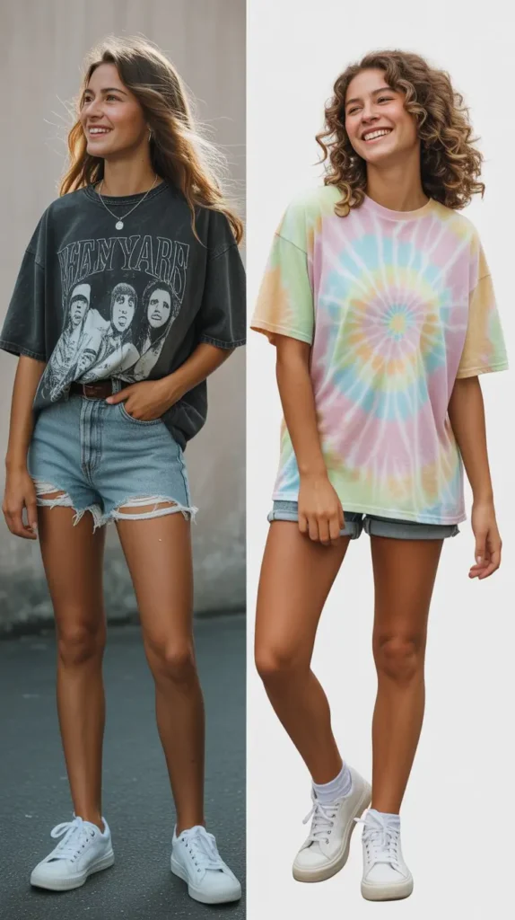 Oversized Graphic Tee With Denim Shorts