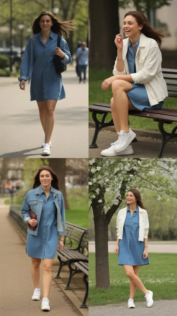 Denim Dress with White Sneakers