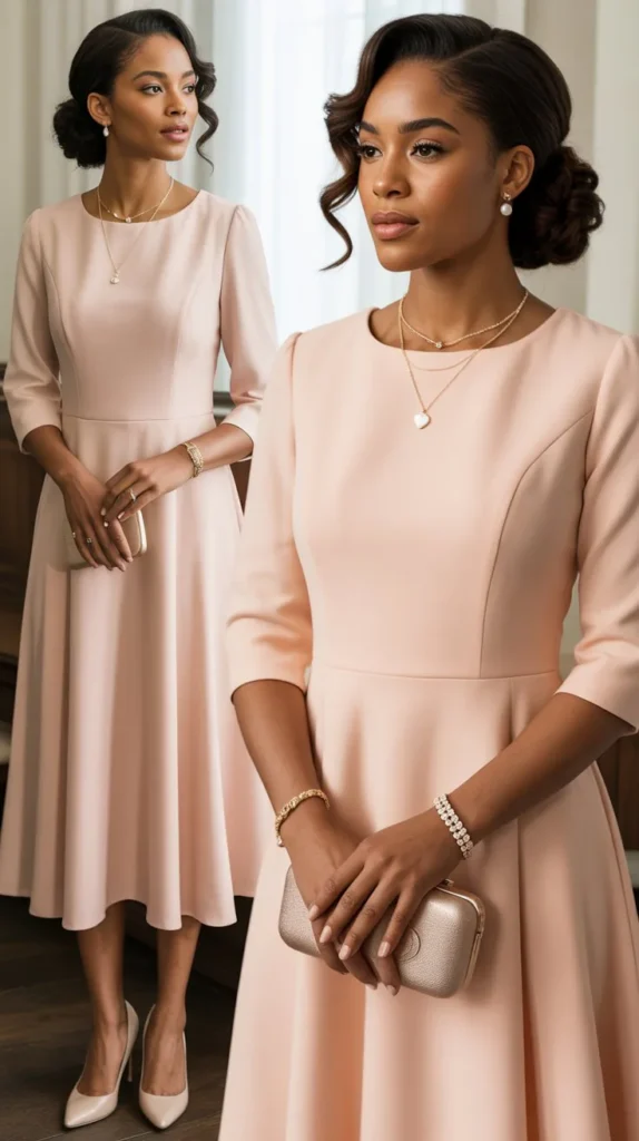  Peach Church Dress With Gold Jewelry