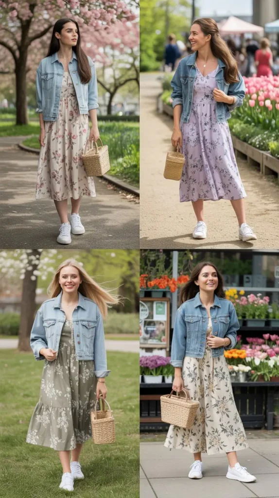  Floral Midi Dress with Denim Jacket