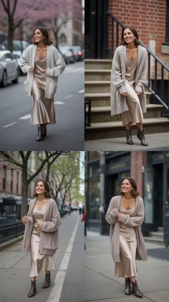  Cardigan Layered over Slip Dress