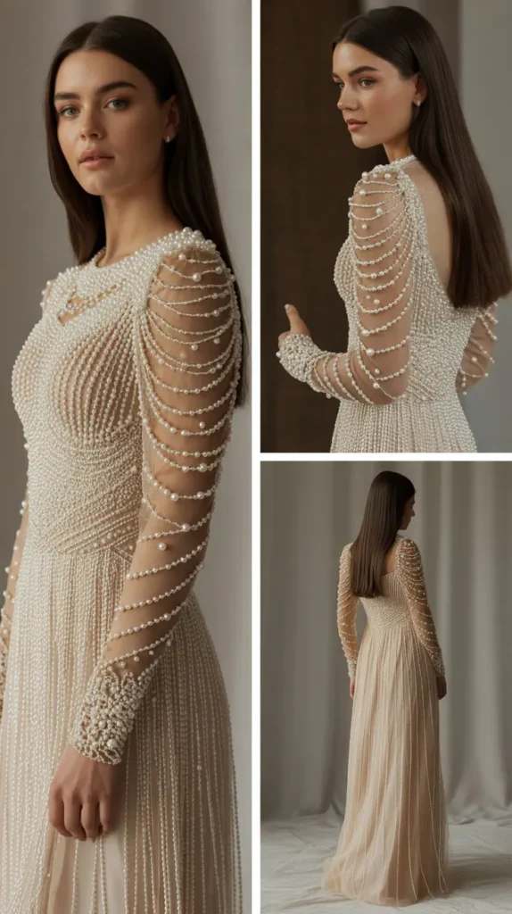  Pearl-Embellished Modest Long-Sleeve Dress
