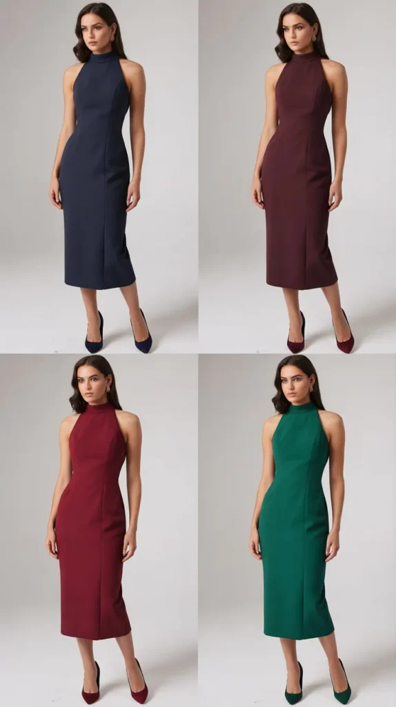 High-Neck Fitted Midi Dress