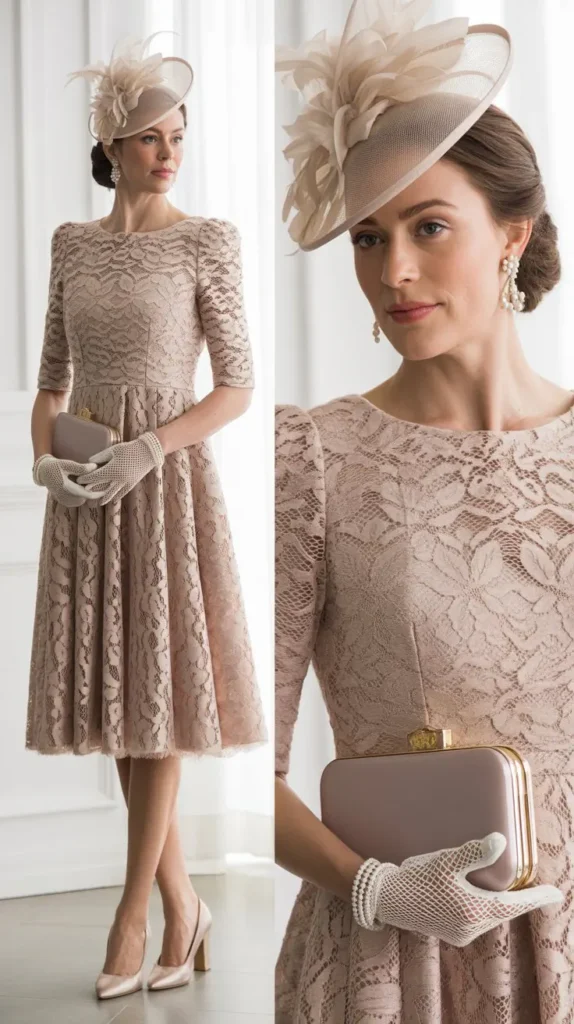 Elegant Lace Dress with Neutral Accessories