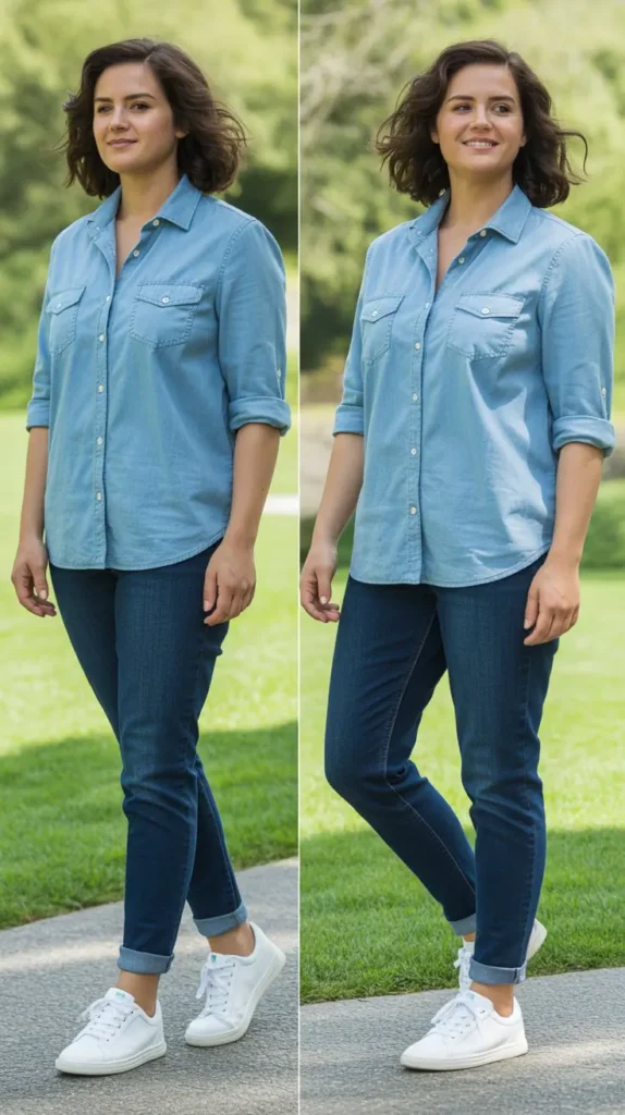  Chambray Shirt with White Sneakers