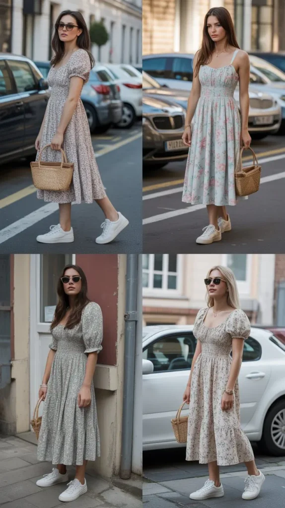 Floral Midi Dress with White Sneakers