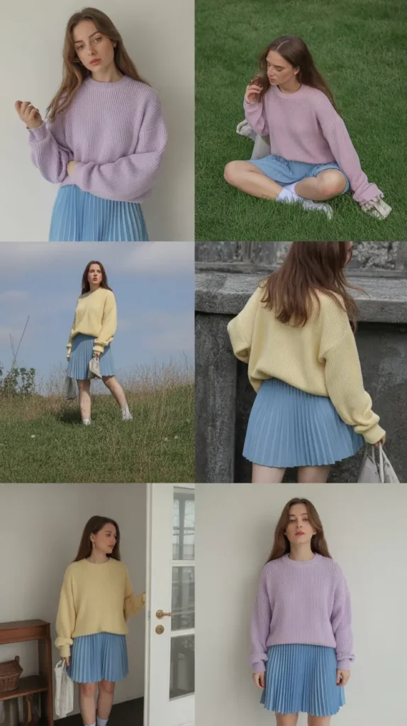 Pastel Sweater with Pleated Skirt