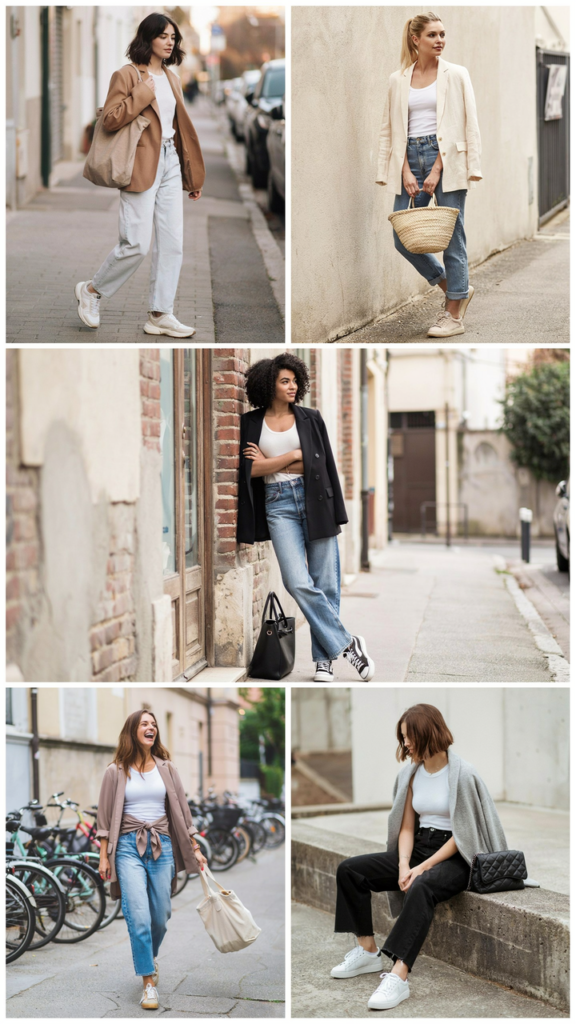 White Tank Top, Wide-Leg Jeans, and Oversized Blazer