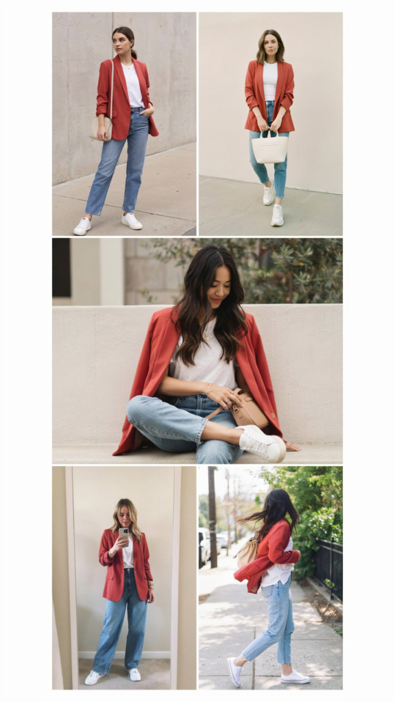  Red Blazer, White Tee, and Blue Jeans