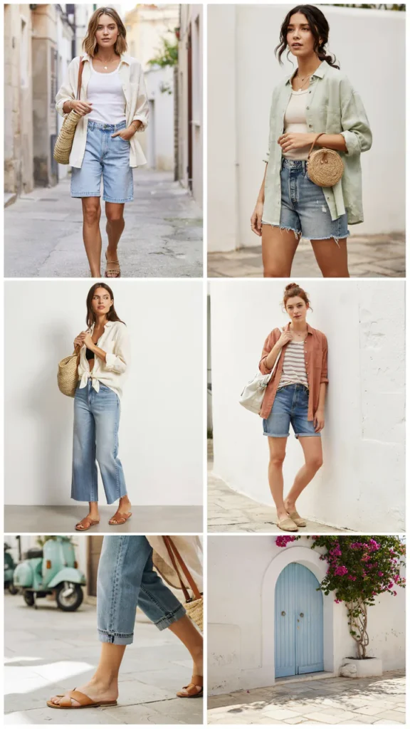 Linen Button Shirt with Jean Shorts