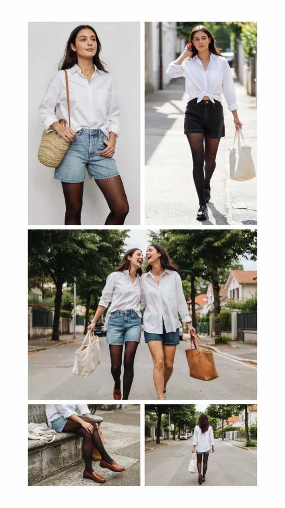 White Button-Up Shirt with Jean Shorts and Tights