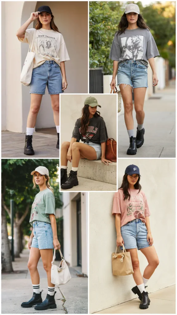Oversized Graphic Tee with Jean Shorts and Chunky Boots