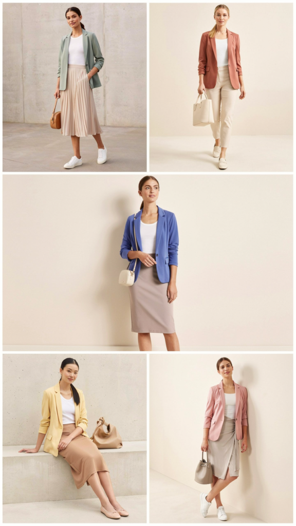 Colorful Blazer with Neutral Skirt