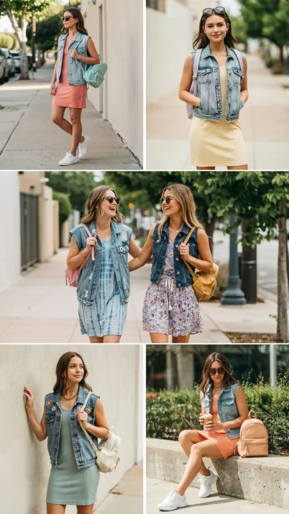 Bright Tank Dress with Denim Vest