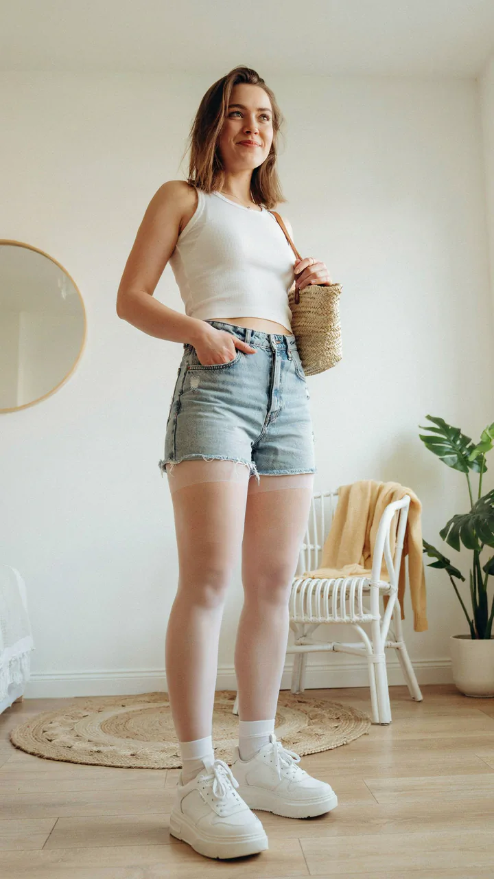 28 Cute Jean Shorts and Tights Outfits