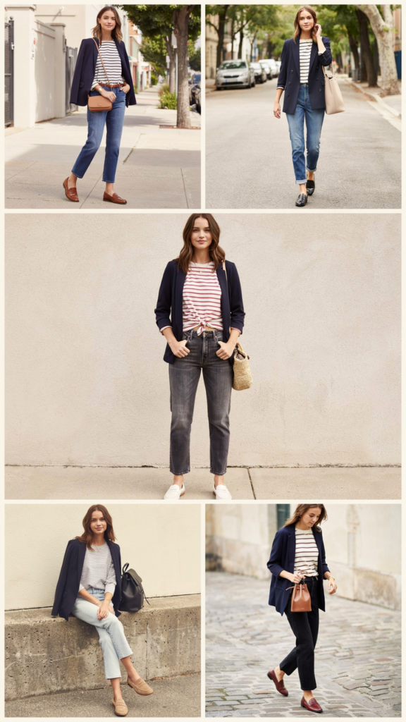 Striped T-Shirt, Straight Jeans, and Navy Blazer