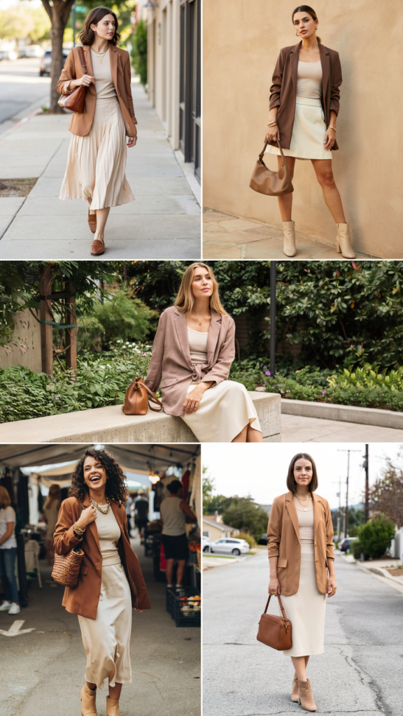 Brown Blazer with Cream Skirt