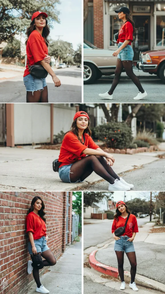 Red Jersey with Jean Shorts and Tights