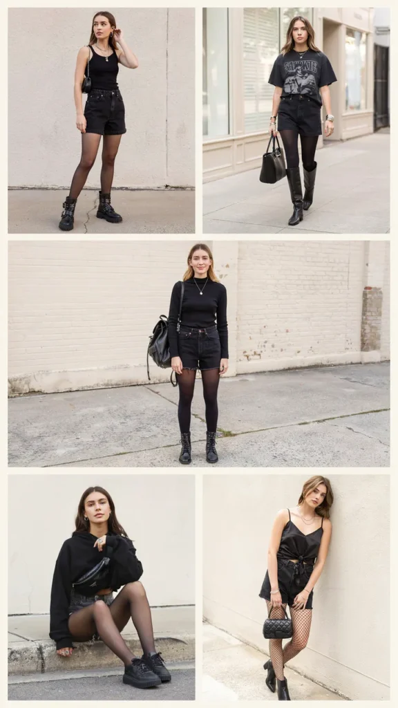 All-Black Outfit with Jean Shorts and Tights