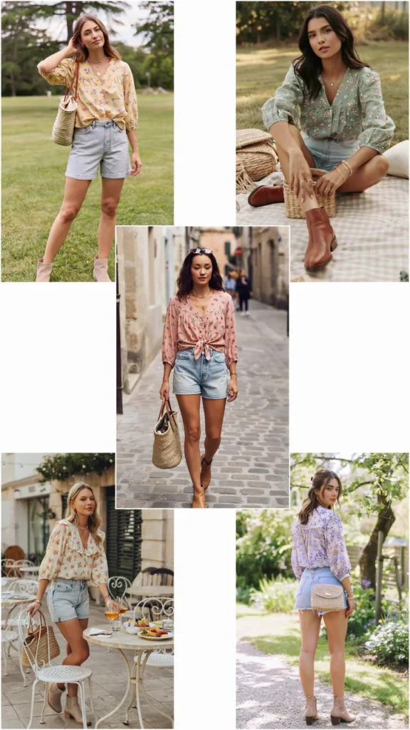 Floral Blouse with Jean Shorts and Soft Brown Boots