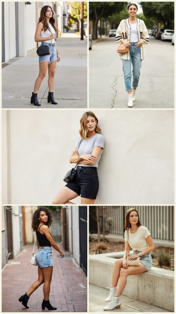 Date-Night Baseball Outfit with Denim Shorts and Sleek Boots
