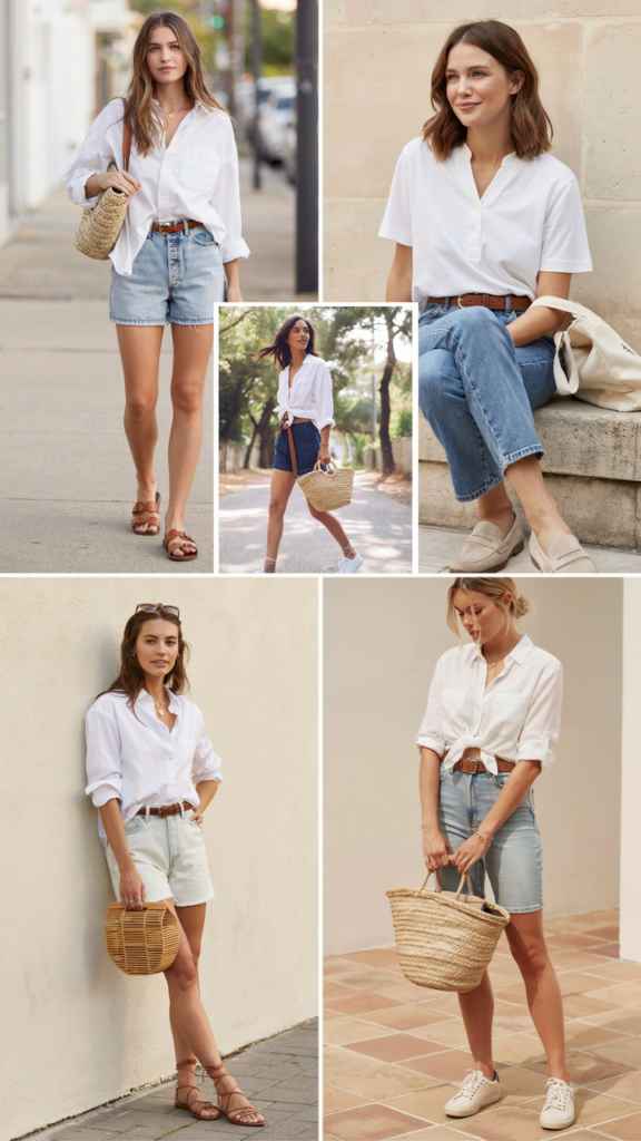 White Button Shirt with Denim Shorts and Blazer