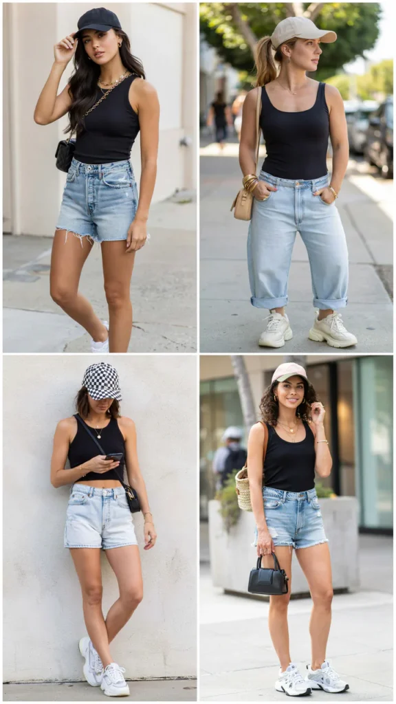 Black Tank Top with Light Denim Shorts