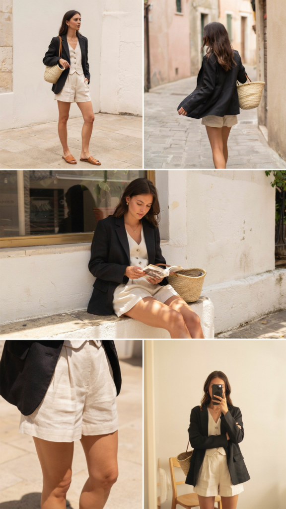Black Blazer with a Linen Vest and Linen Shorts