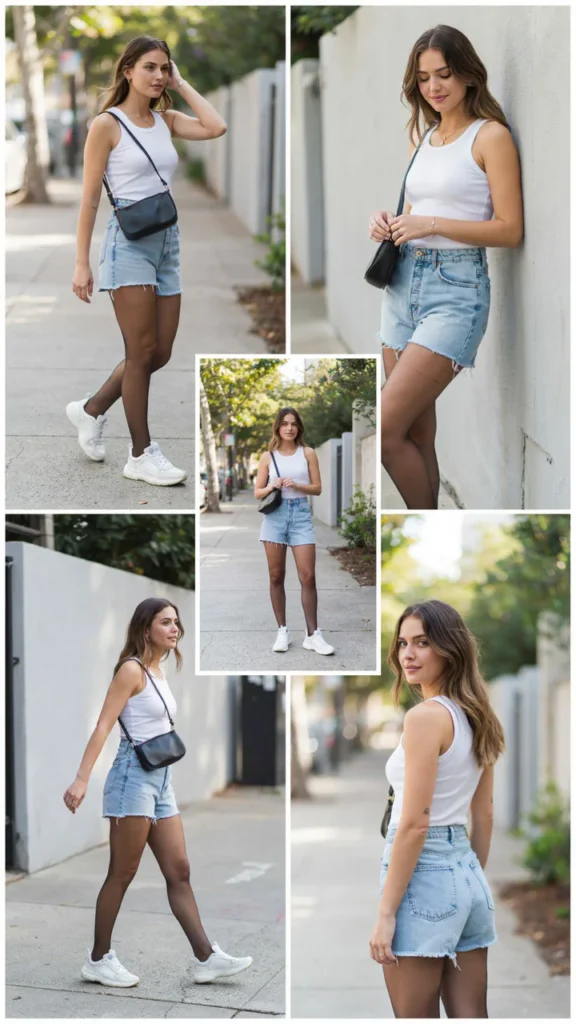 White Tank Top with Jean Shorts and Black Tights