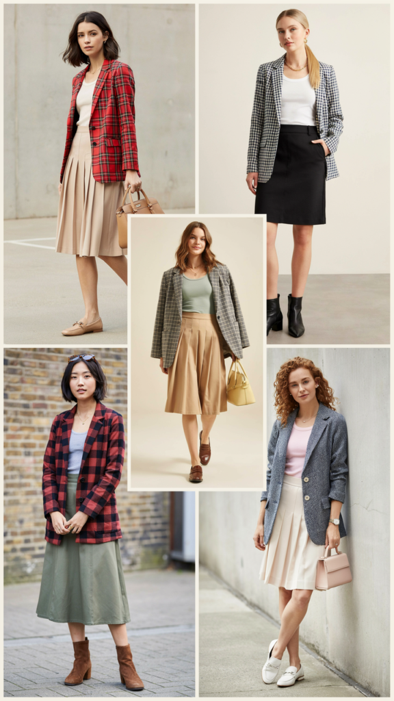 Plaid Blazer with Plain Skirt