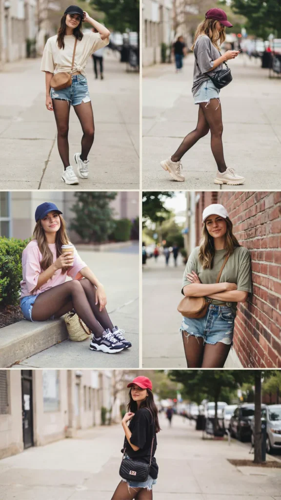 Oversized T-Shirt with Jean Shorts and Sheer Tights