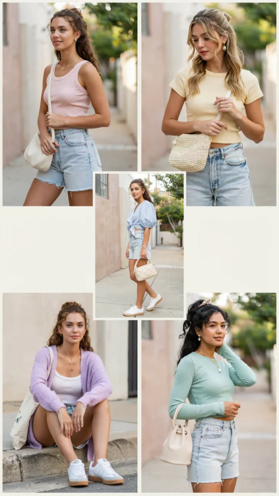  Soft Pastel Top with Light Denim Shorts