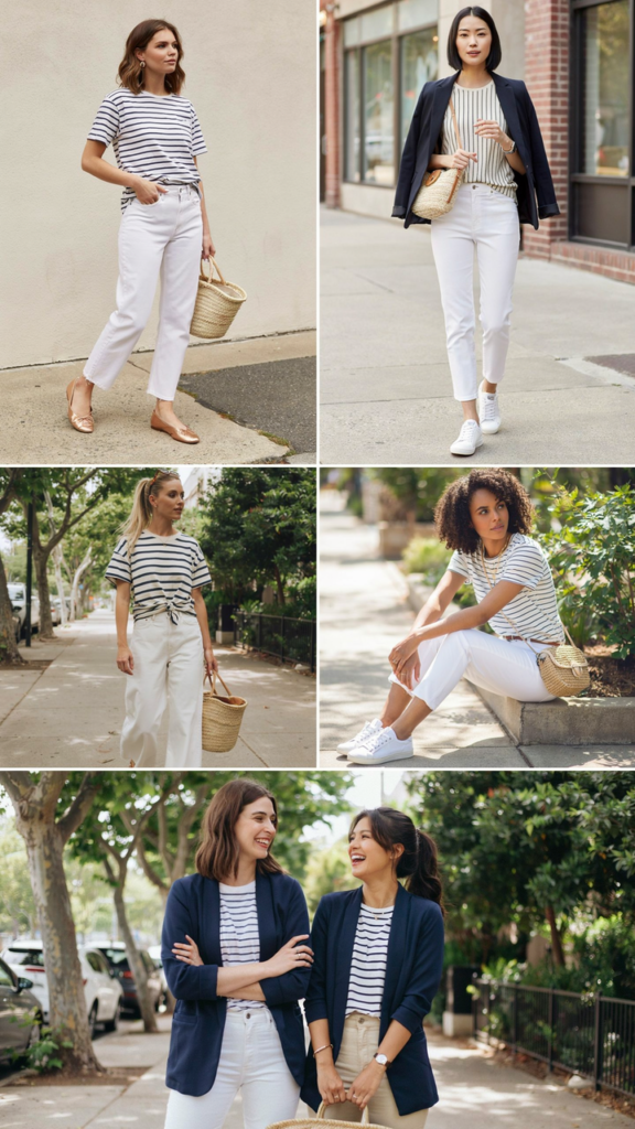 Striped Tee with White Jeans and Navy Blazer