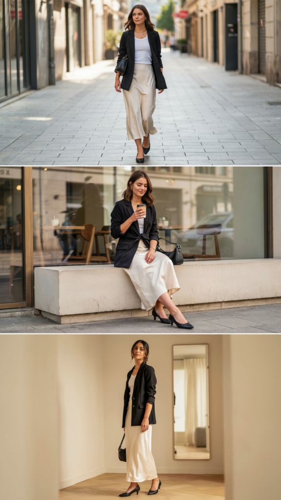 Black Blazer with Satin Midi Skirt
