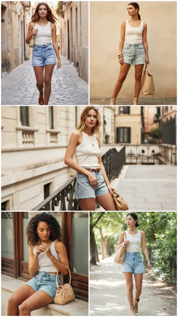Cream Tank with Jean Shorts and Brown Accessories