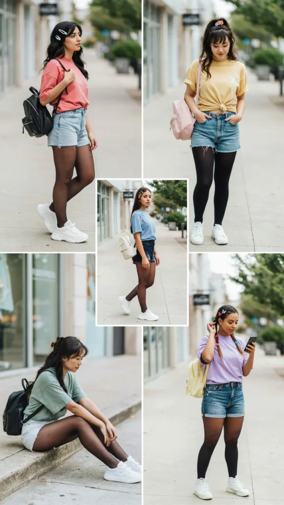 Colorful T-Shirt with Jean Shorts and Tights
