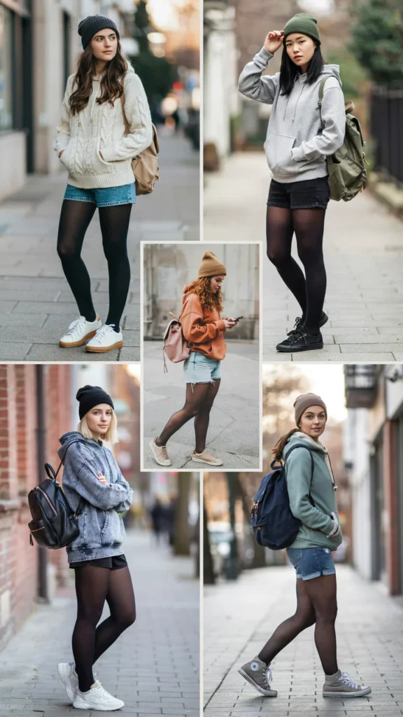 Hoodie with Jean Shorts and Warm Tights