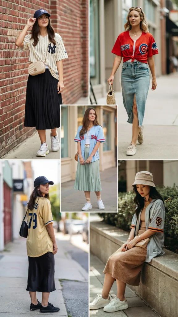 Sporty Baseball Jersey with Midi Skirt