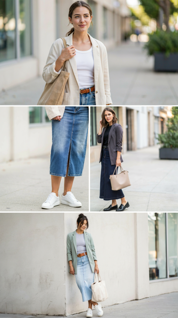 Blazer with Long Denim Skirt