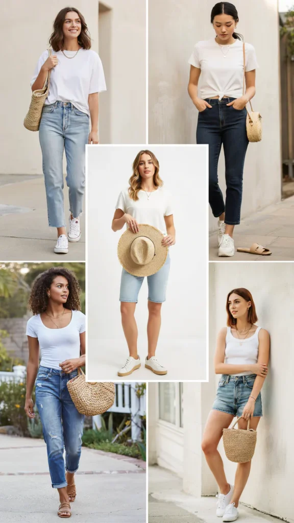 Plain White T-Shirt with Blue Jean Shorts