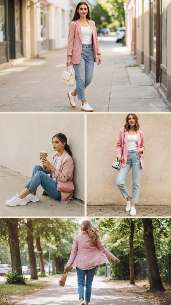 Pink Blazer, White Top, and Blue Jeans