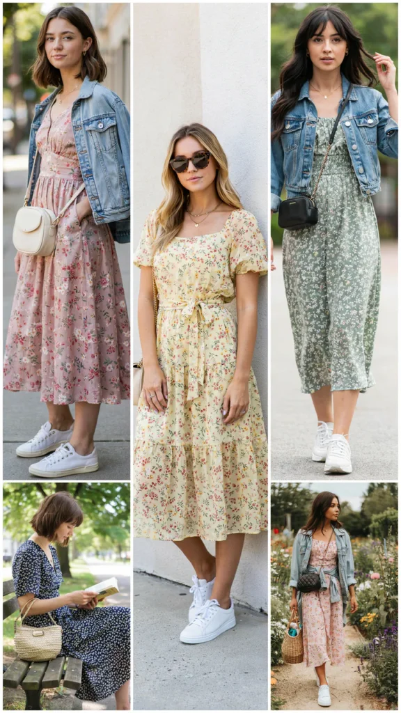 Floral Midi Dress with White Sneakers