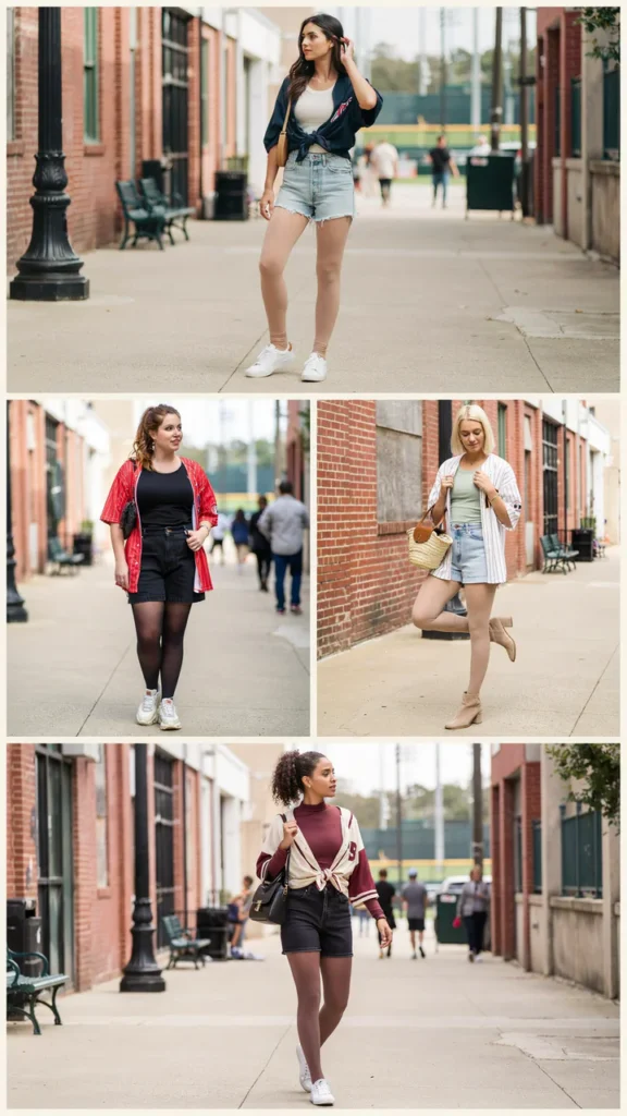 Date-Night Baseball Outfit with Jean Shorts and Tights