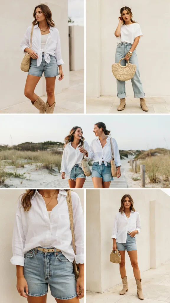 . White Linen Set with Denim Shorts and Tan Boots