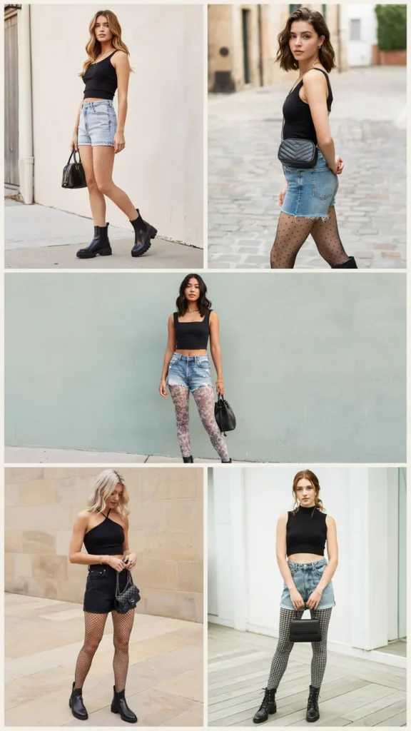 Black Crop Top with Jean Shorts and Patterned Tights