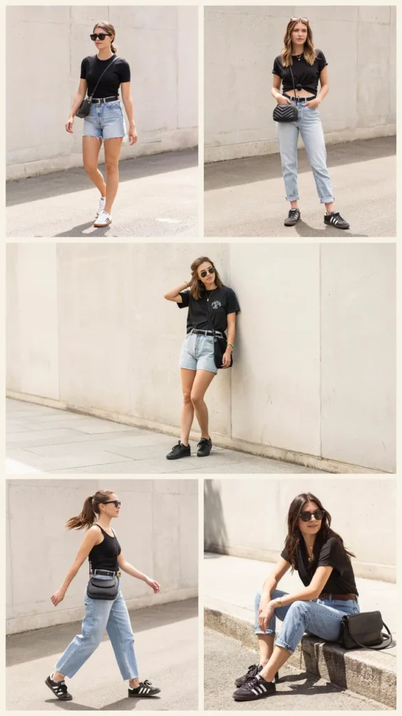 Black T-Shirt with Light Wash Denim Shorts