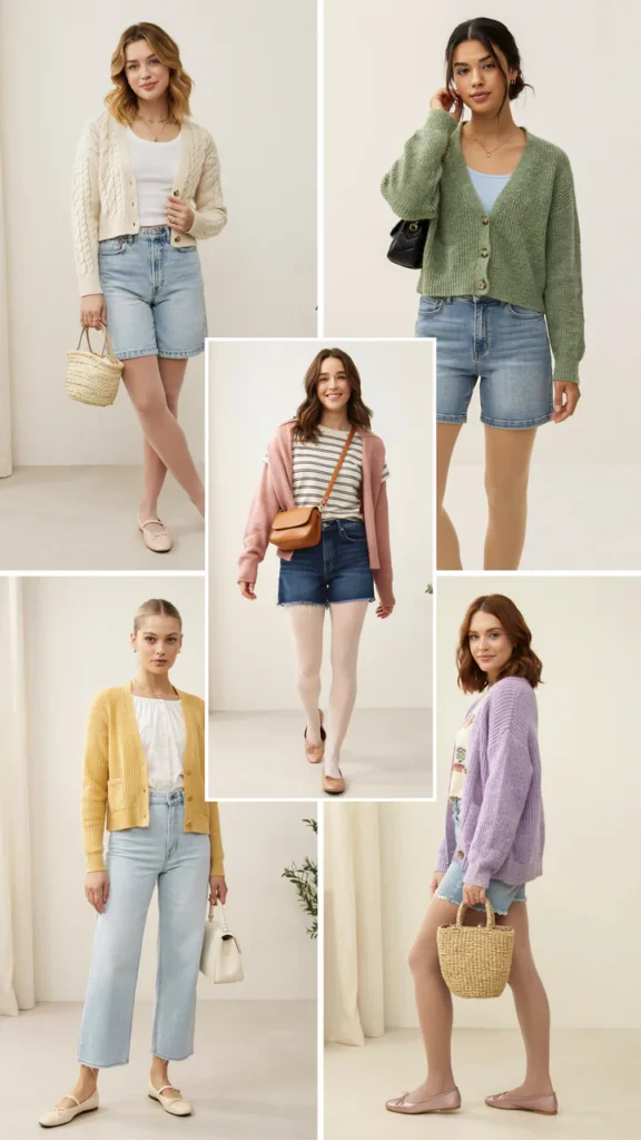 Cute Cardigan with Jean Shorts and Tights