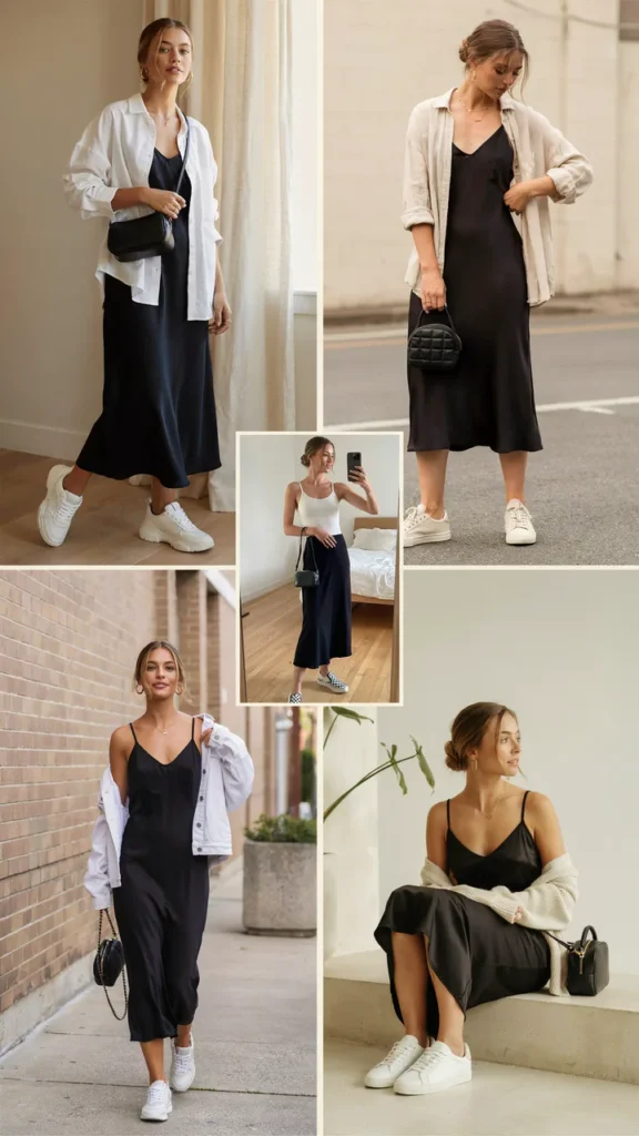 Black Slip Dress with Sneakers