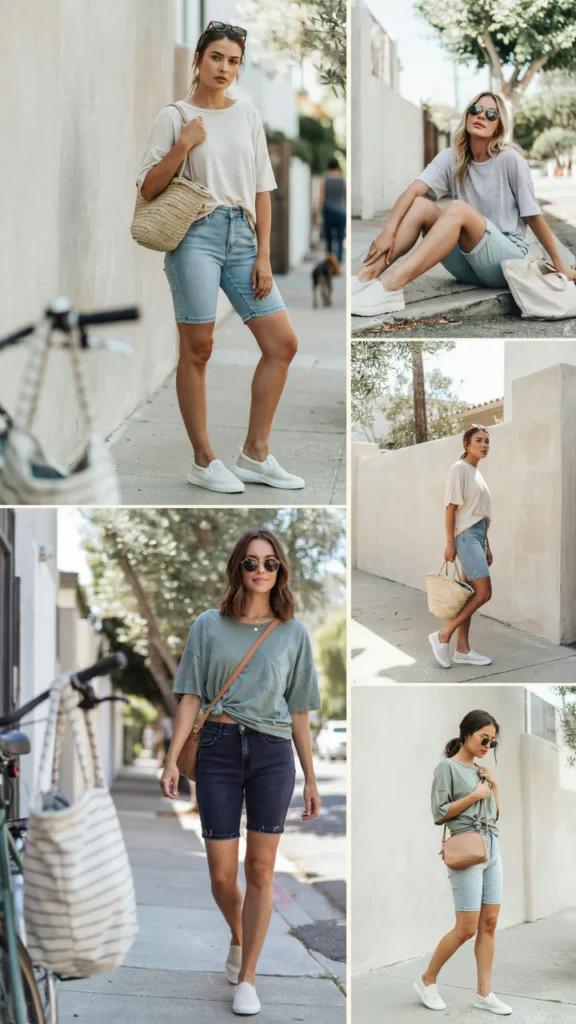 Oversized T-Shirt with Biker-Style Jean Shorts