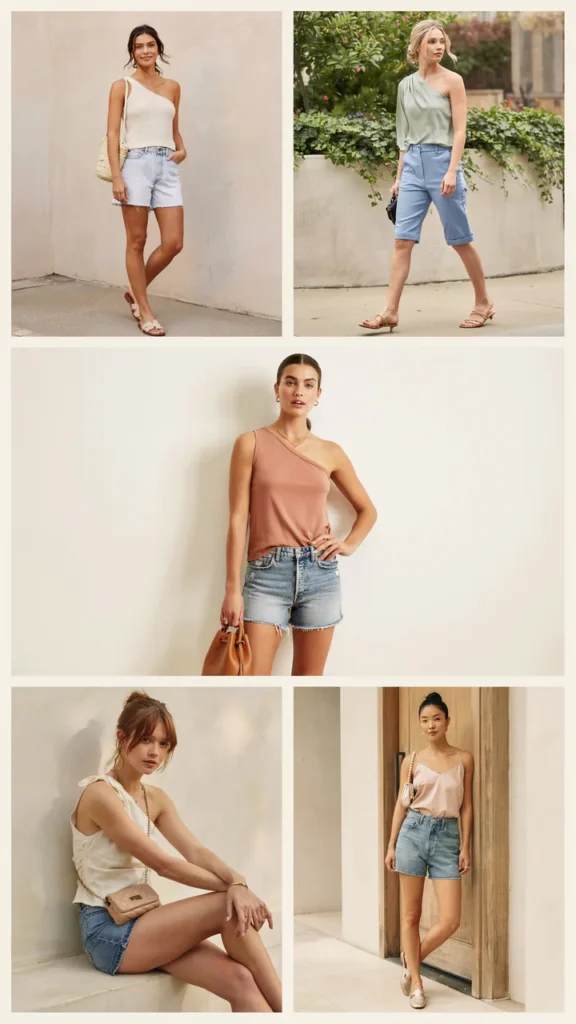 One-Shoulder Top with Jean Shorts